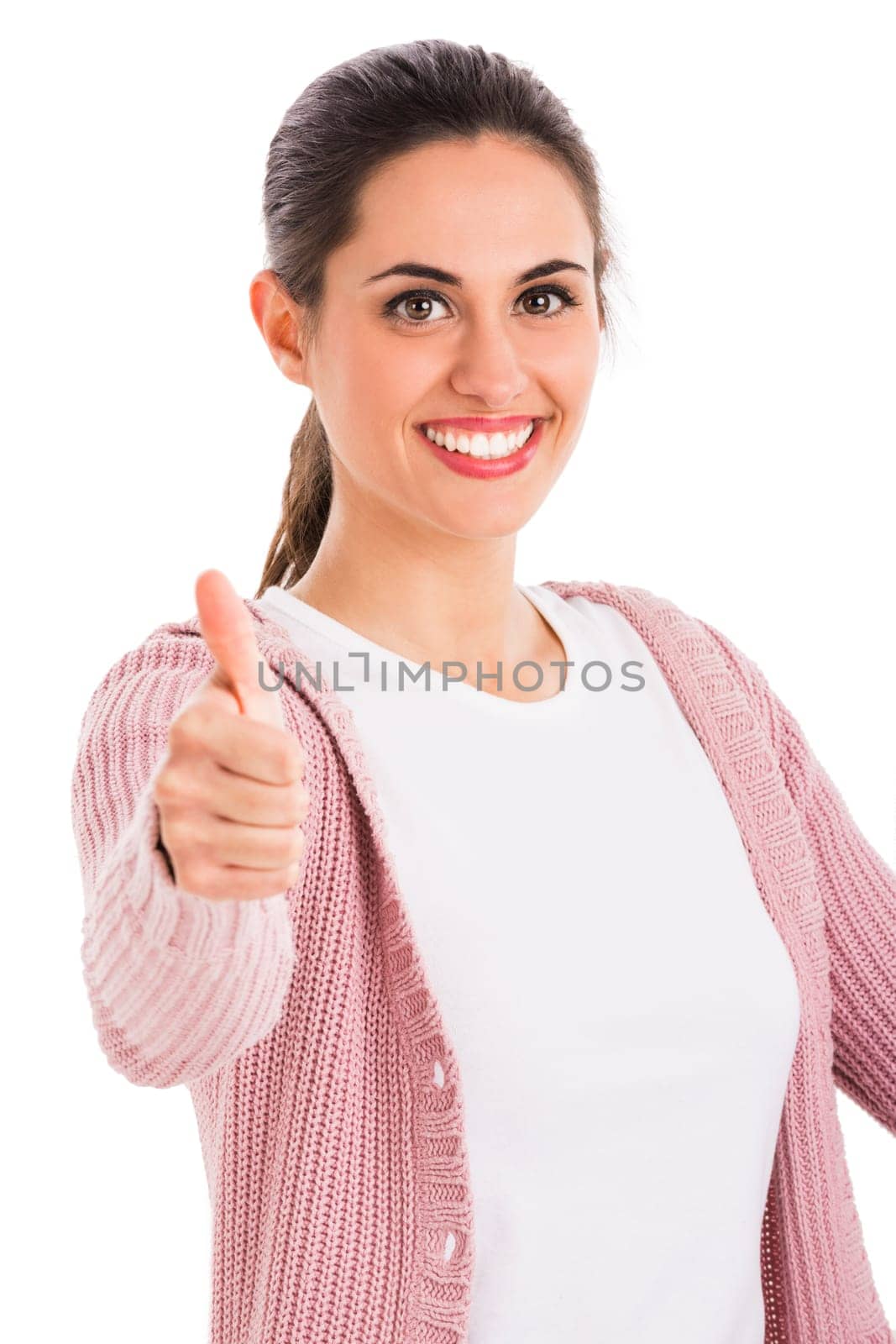 Portrait of a beautiful woman with thumbs up, isolated over white background