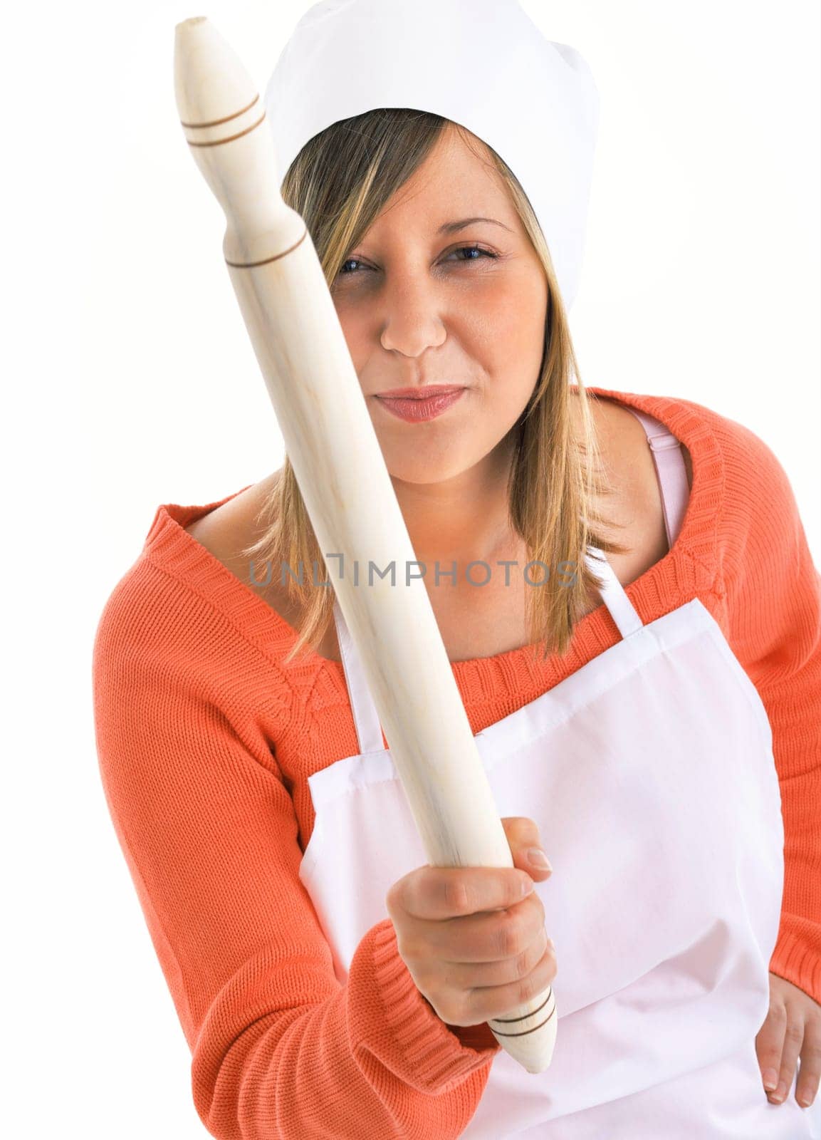 Chef with rolling pin expressing negativity