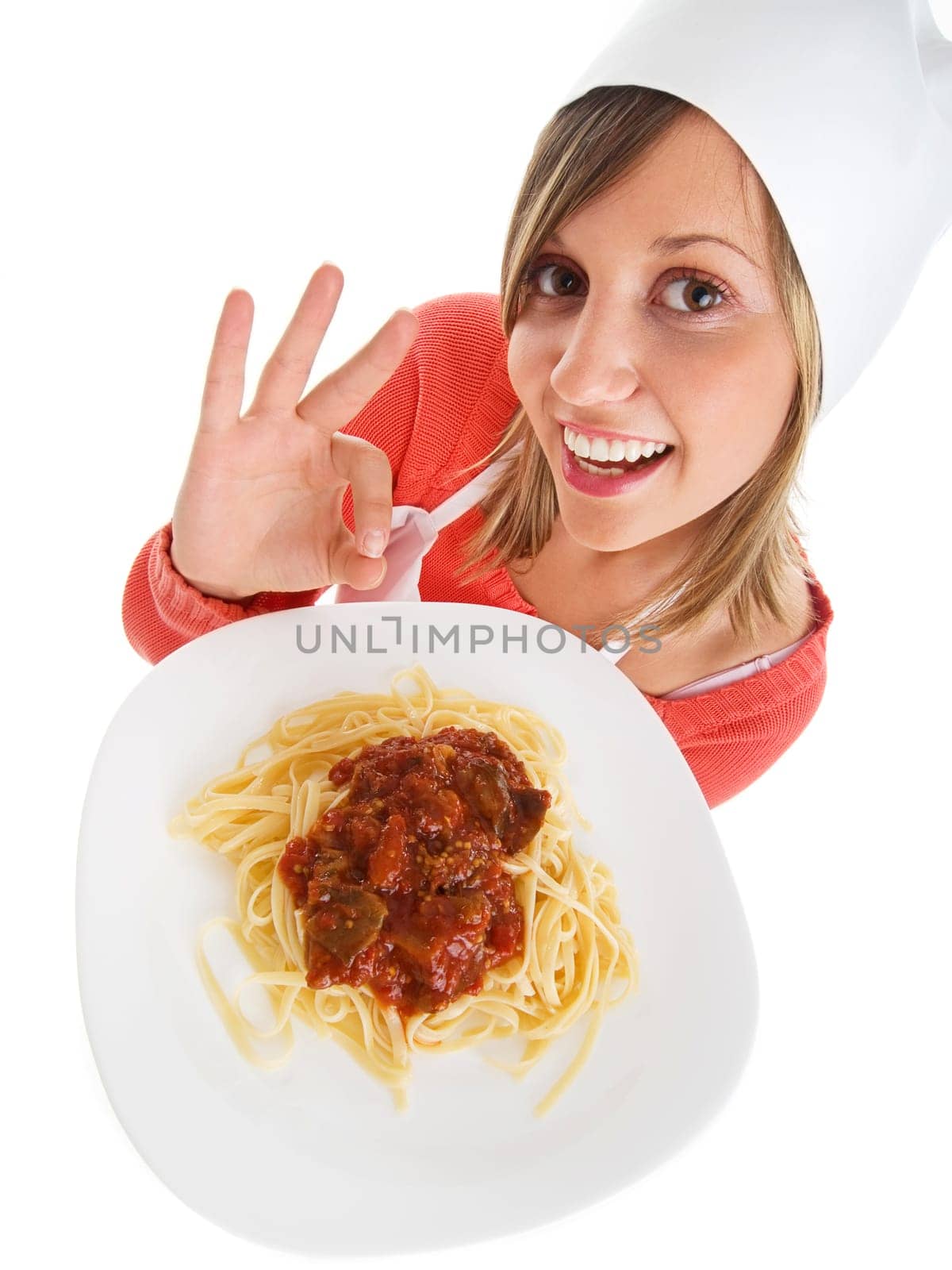 Cook with spaghetti, isolated on white, wide angle