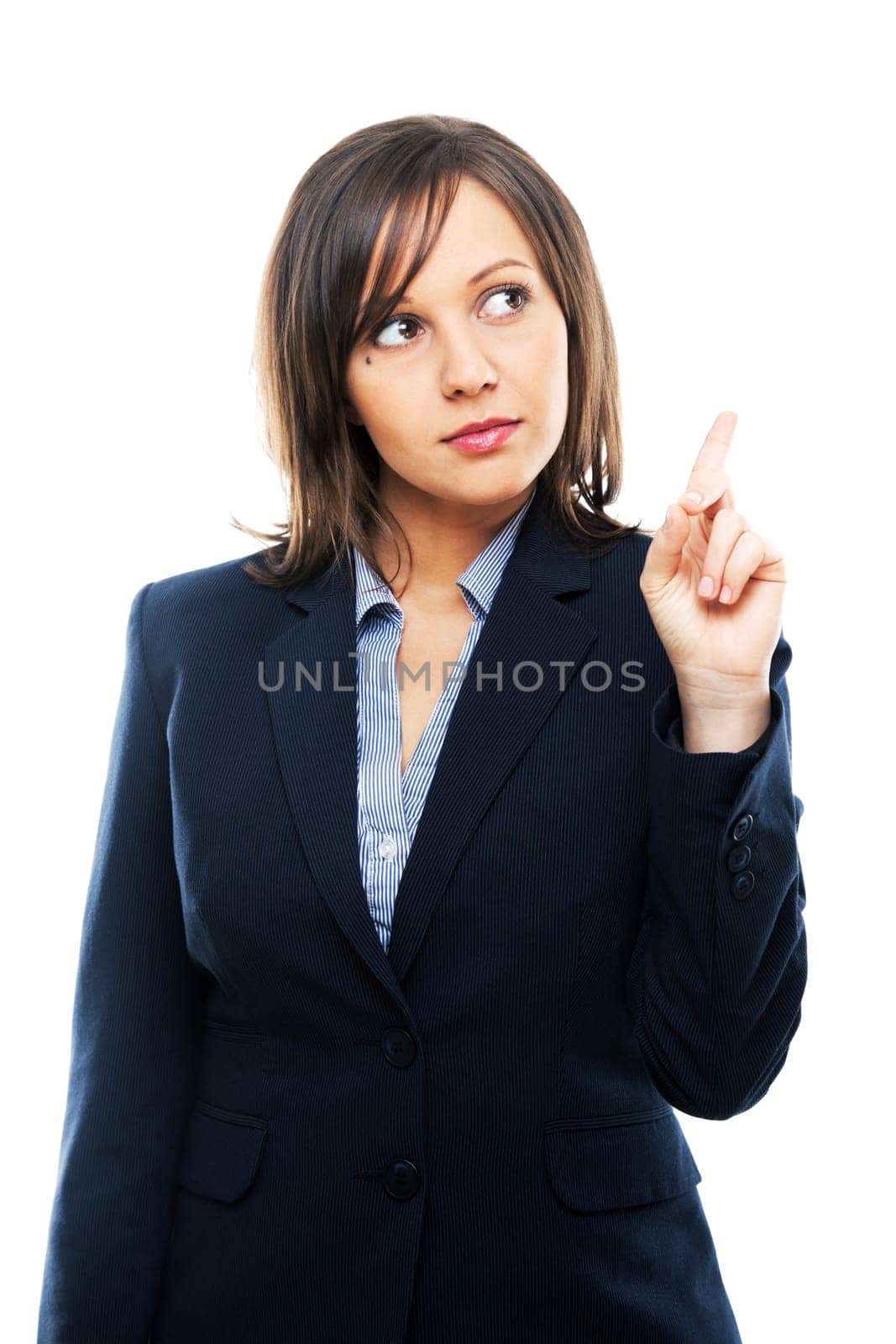 Businesswoman pointing with a finger isolated on white background