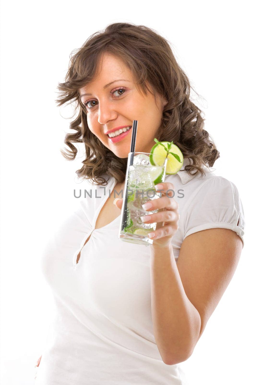 Young woman drinking mojito on white background