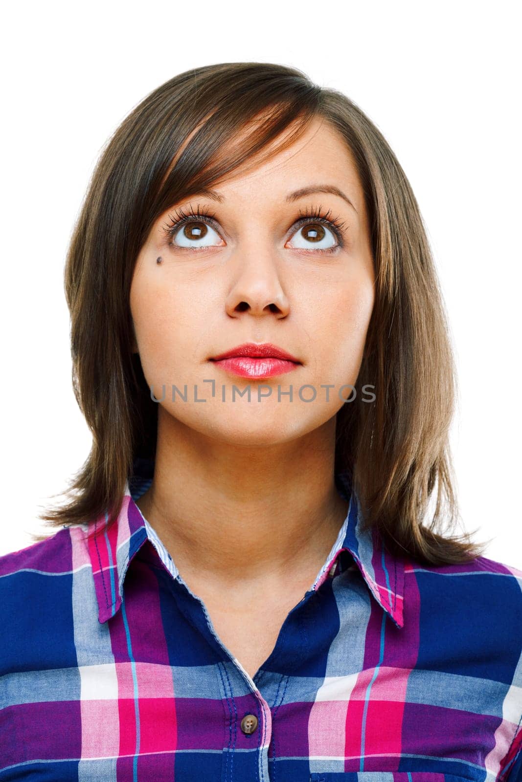 Young woman looking away isolated on white background, close up