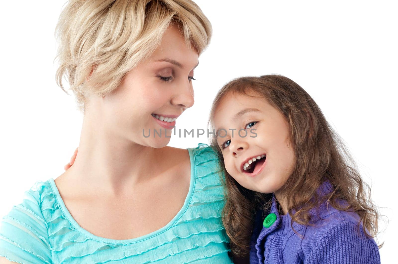 beautiful and happy young mother smiling and looking at her daughter. Daughter hugging her mother and laughing. Studio shot, isolated on white background