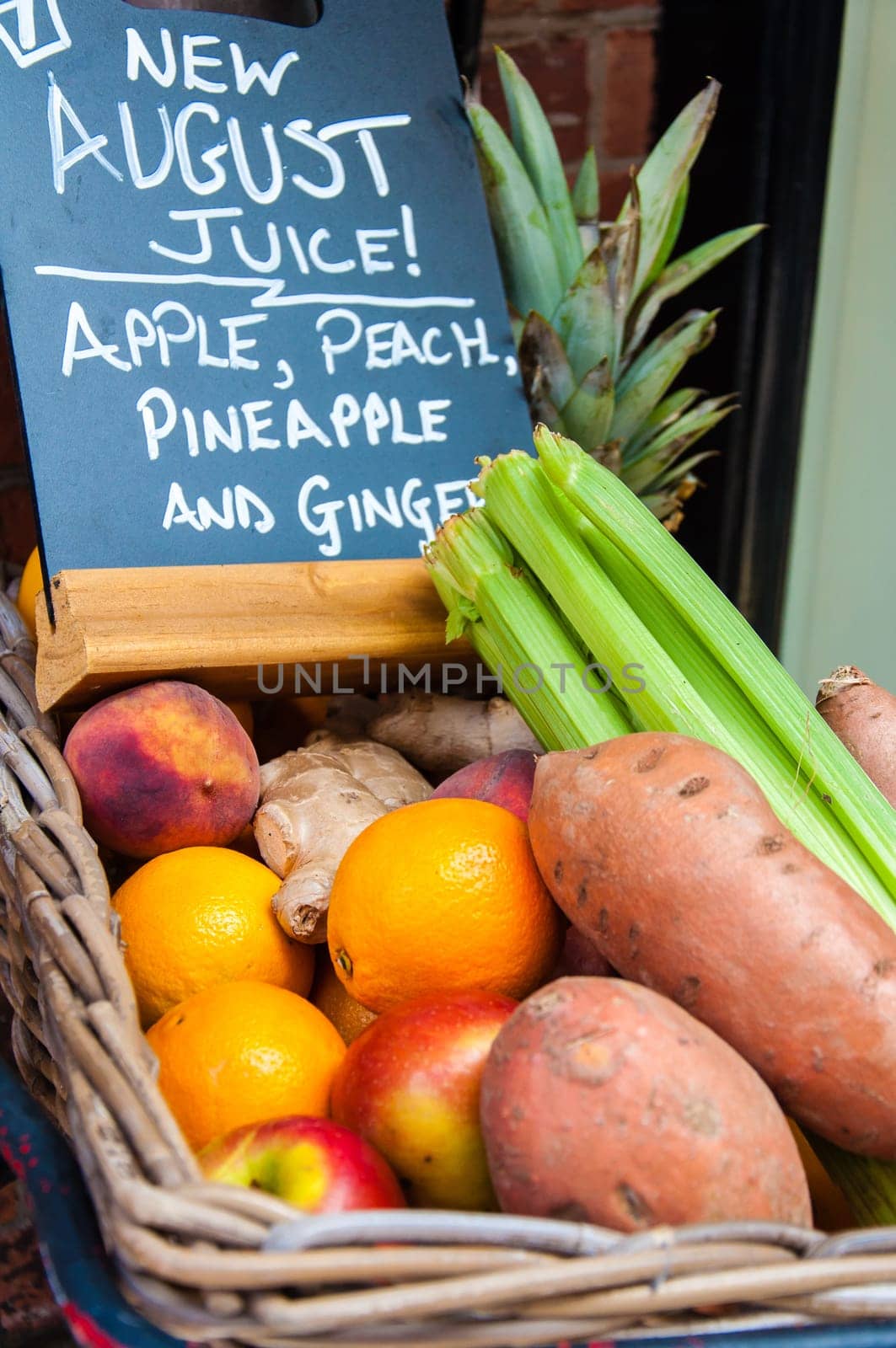 Fresh vegetables and fruits in a basket for juice