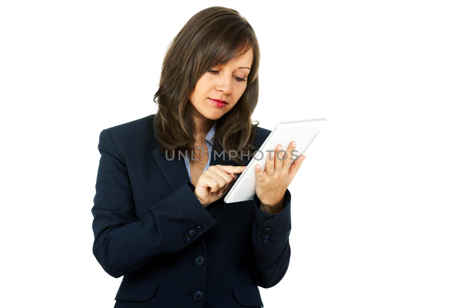 Businesswoman with tablet isolated on white background