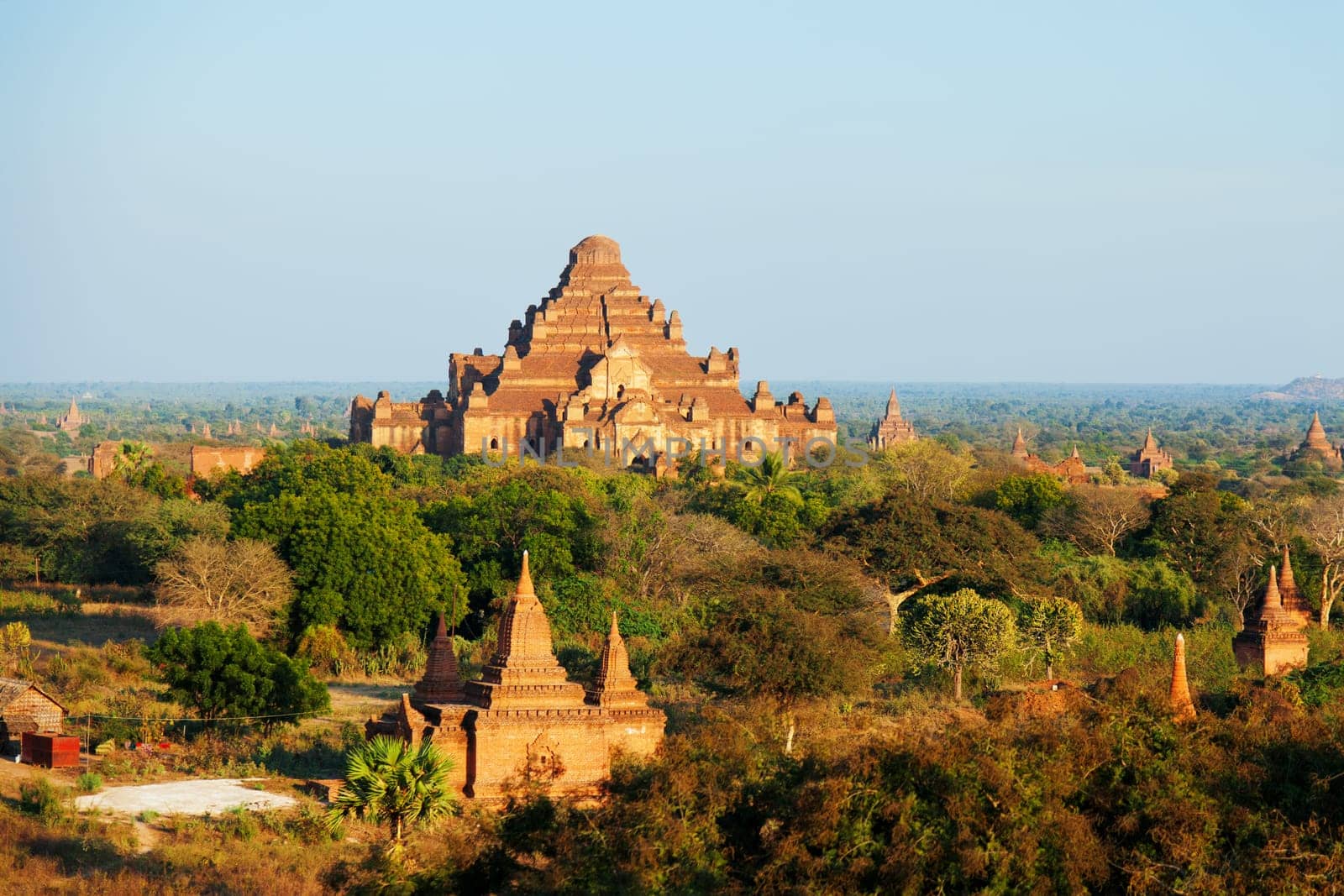 Ancient pagodas in Bagan, blue sky in background