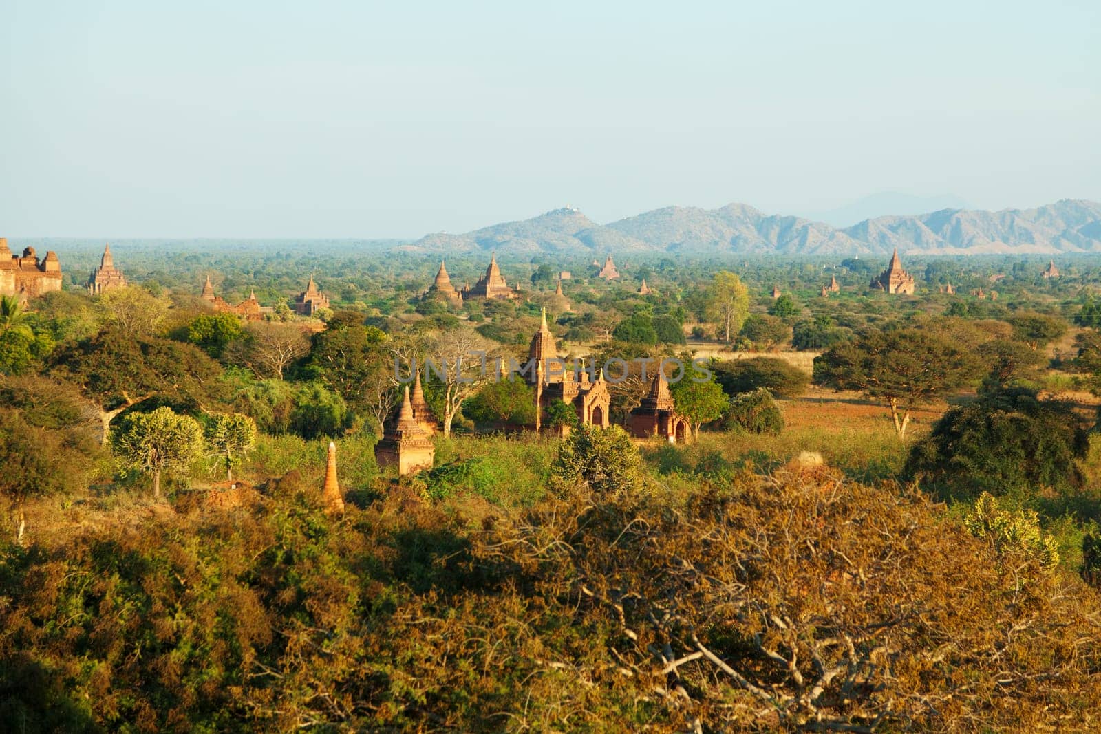 Ancient pagodas in Bagan, blue sky in background