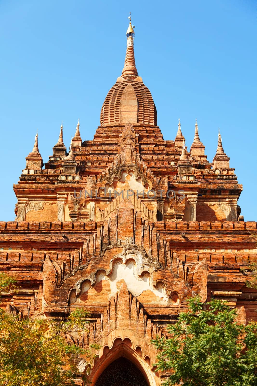 Front view of Htilominlo Temple in Bagan, Myanmar