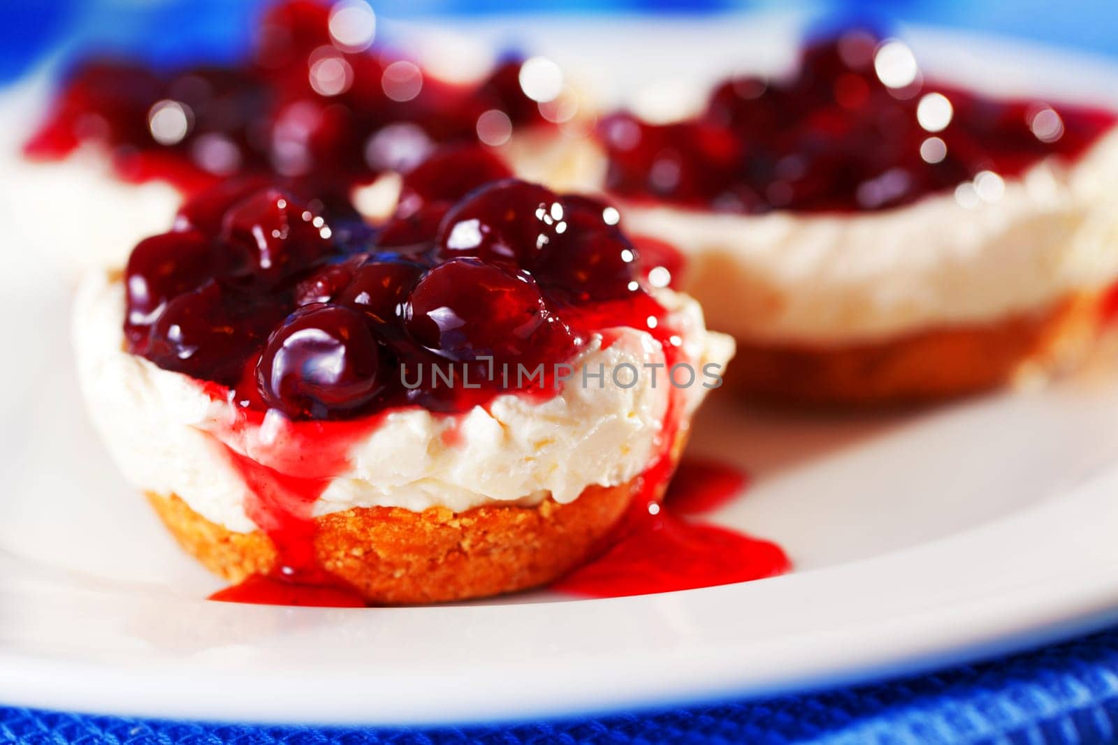 Three mini cheese cakes with cranberres served in a plate, close up