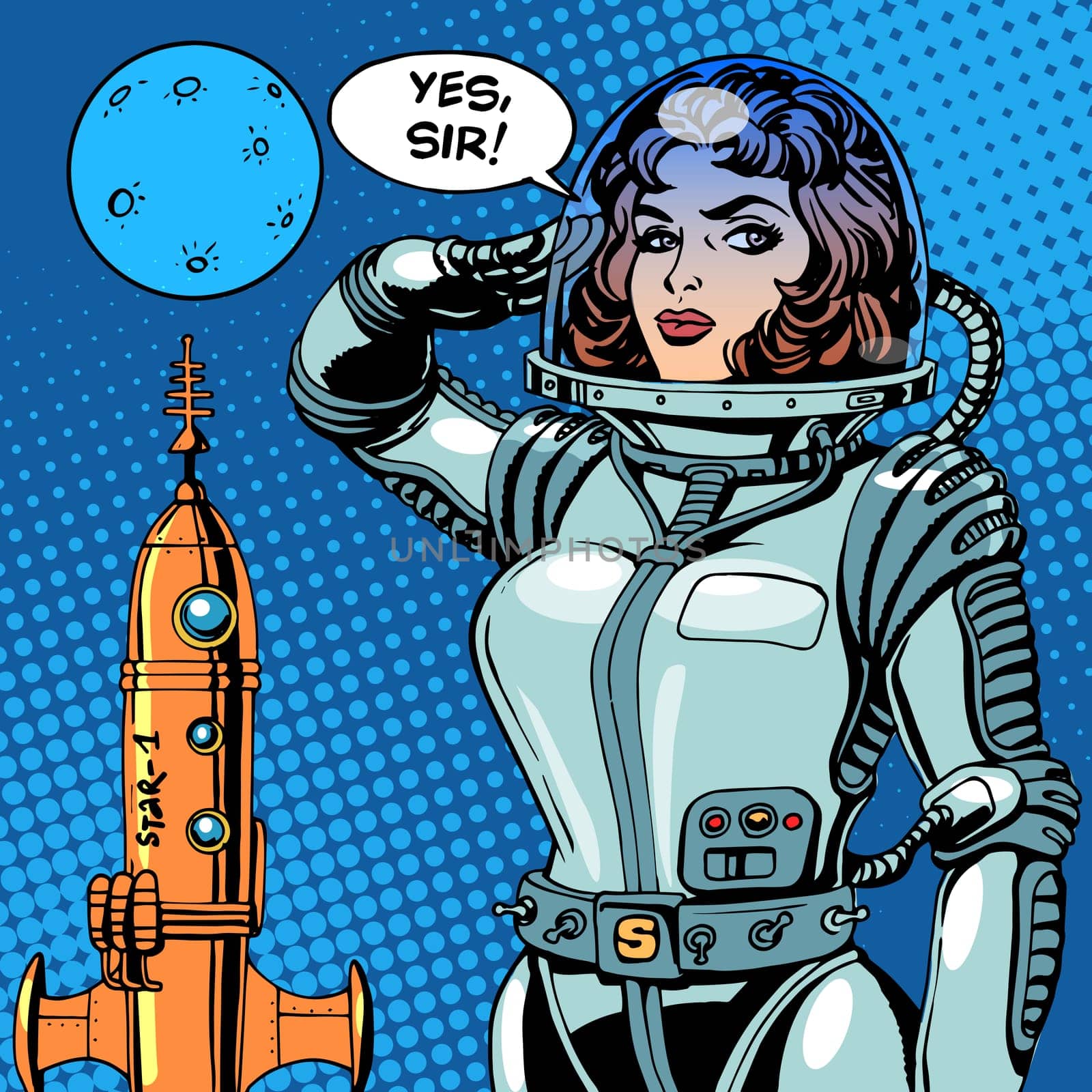 Woman astronaut captain of a spaceship science fiction. Retro style pop art