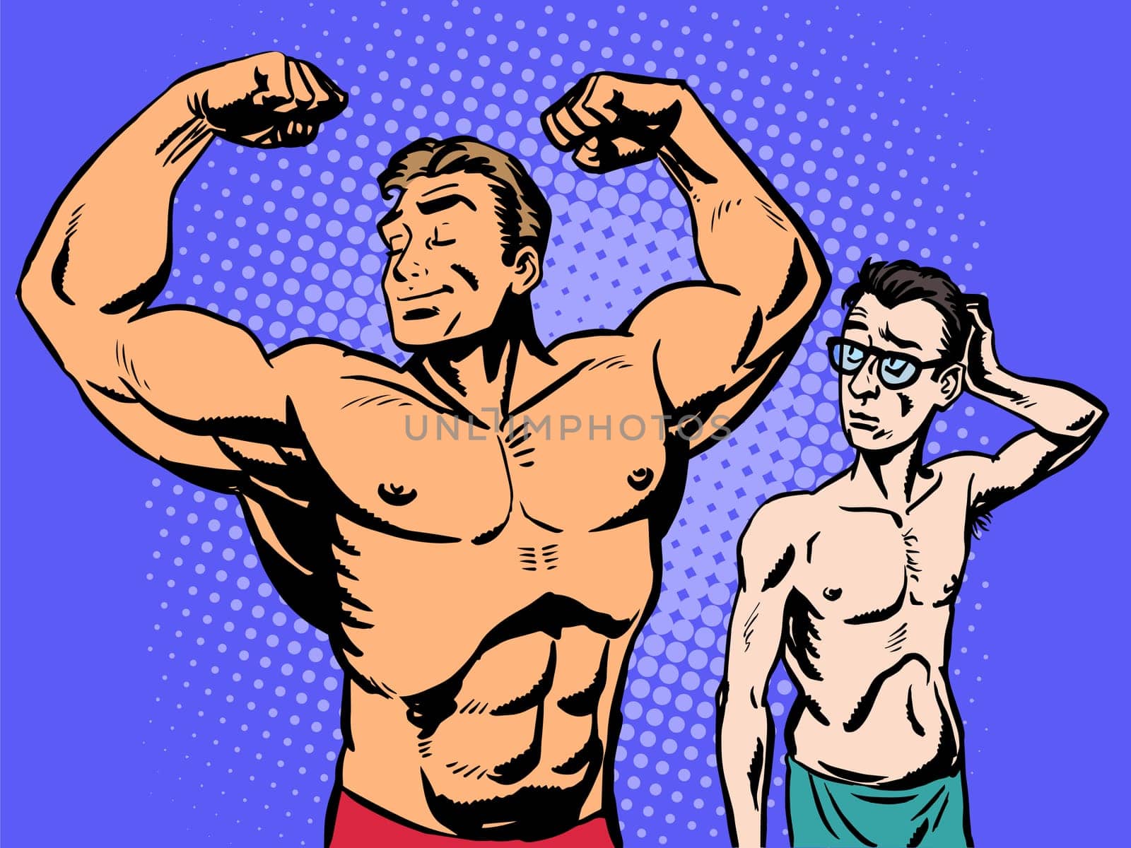Bodybuilder and thin man is the sport of fitness. Retro style pop art humor