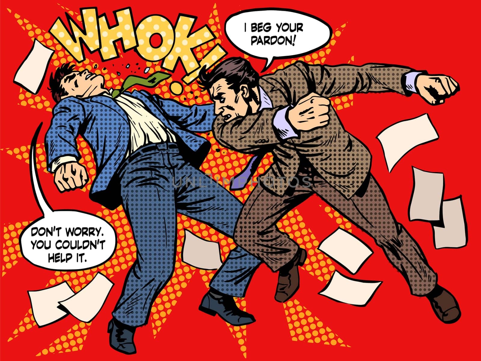 Men fighting street crime emotions anger hate retro style pop art