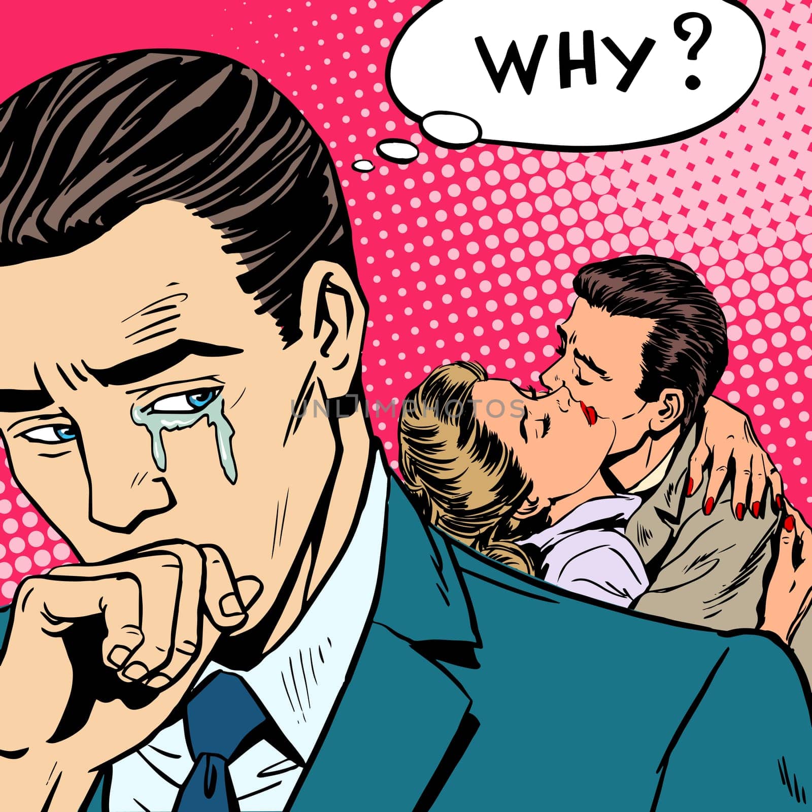 Cheating love a man weeps his wife with her lover. Retro style pop art
