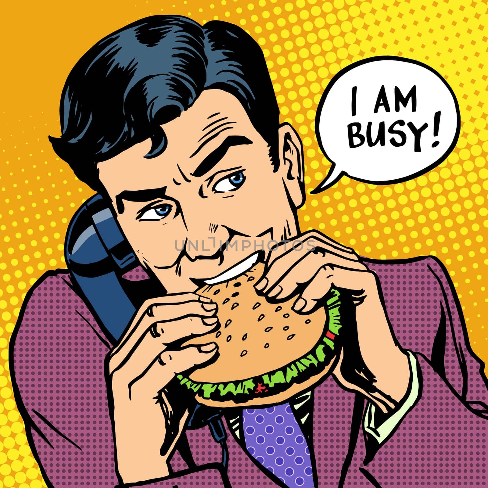 Lunch fast food man eating a Burger and talking on the phone. The theme of the workload at work