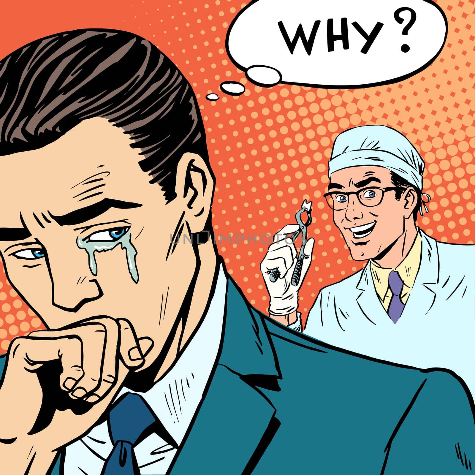 Dentistry male doctor pulled a tooth is crying. Health and medicine retro style pop art