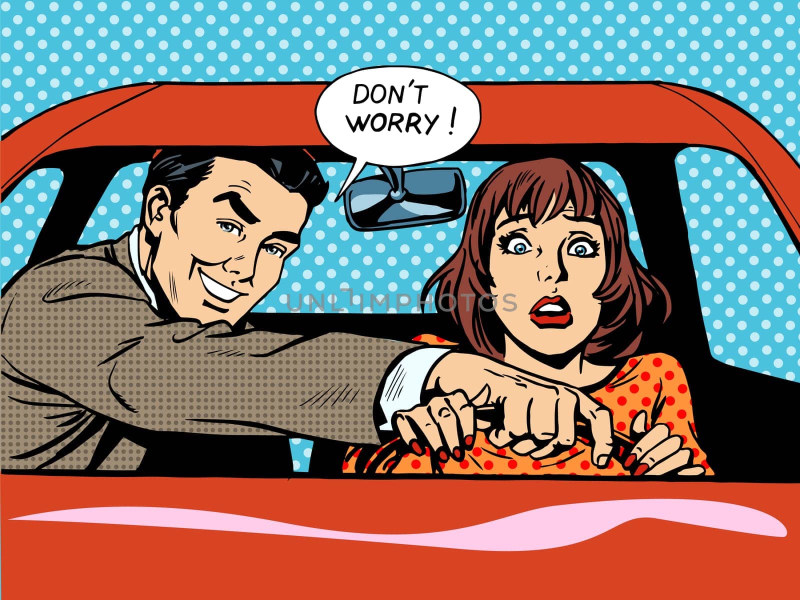 Driving school the driver and the woman in the car. Husband helps his wife to drive