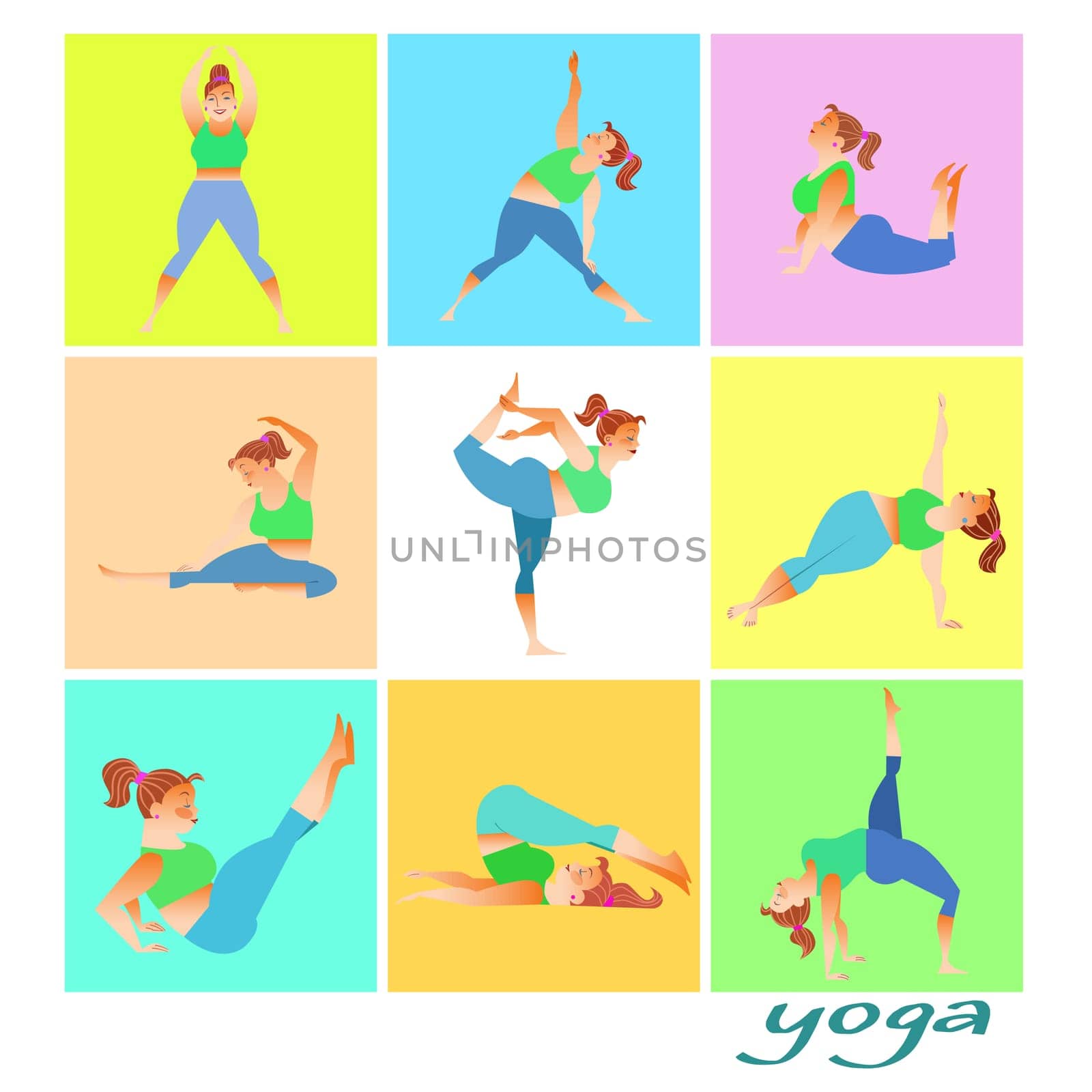 Set yoga fat woman healthy lifestyle home exercises