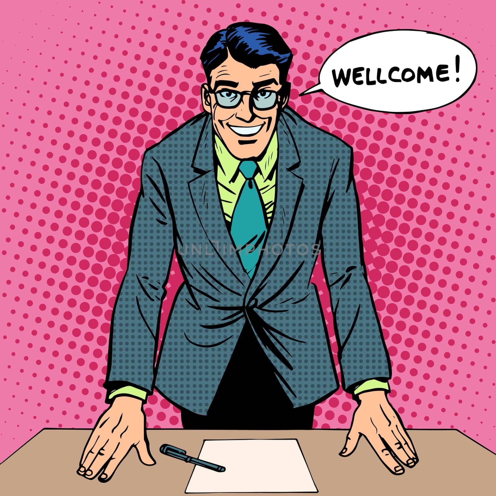 Welcome man work study retro style pop art