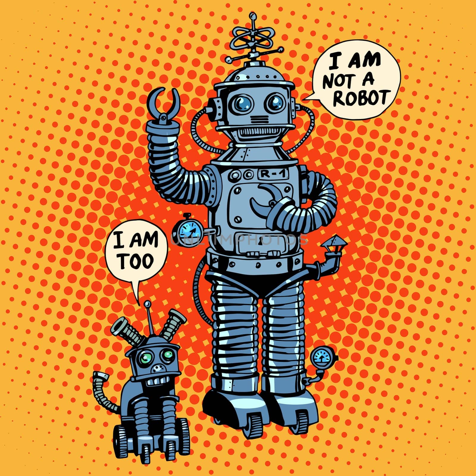 I am not a robot, said robot dog future science fiction retro style