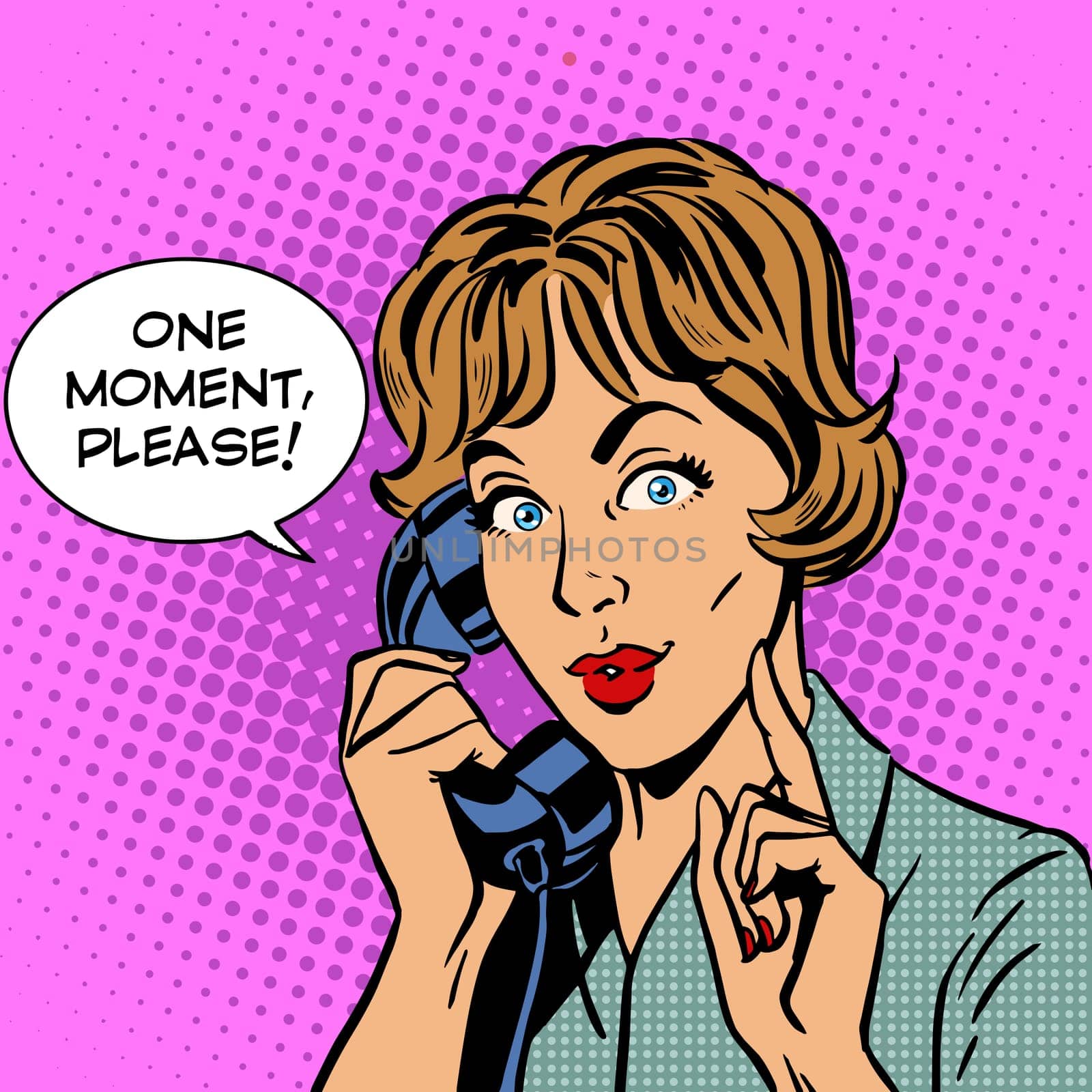 One moment please a woman talking on the phone. Retro style pop art