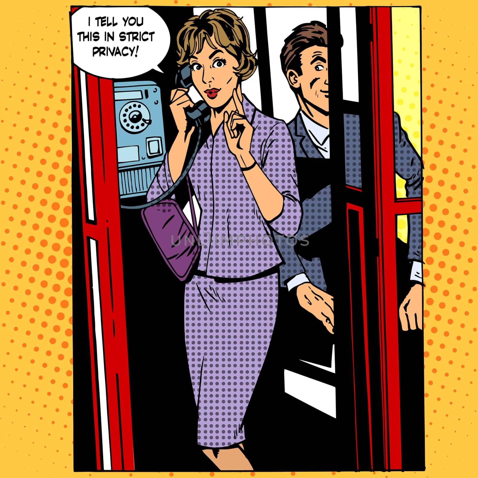 Privacy surveillance the phone conversation the woman. Retro style pop art