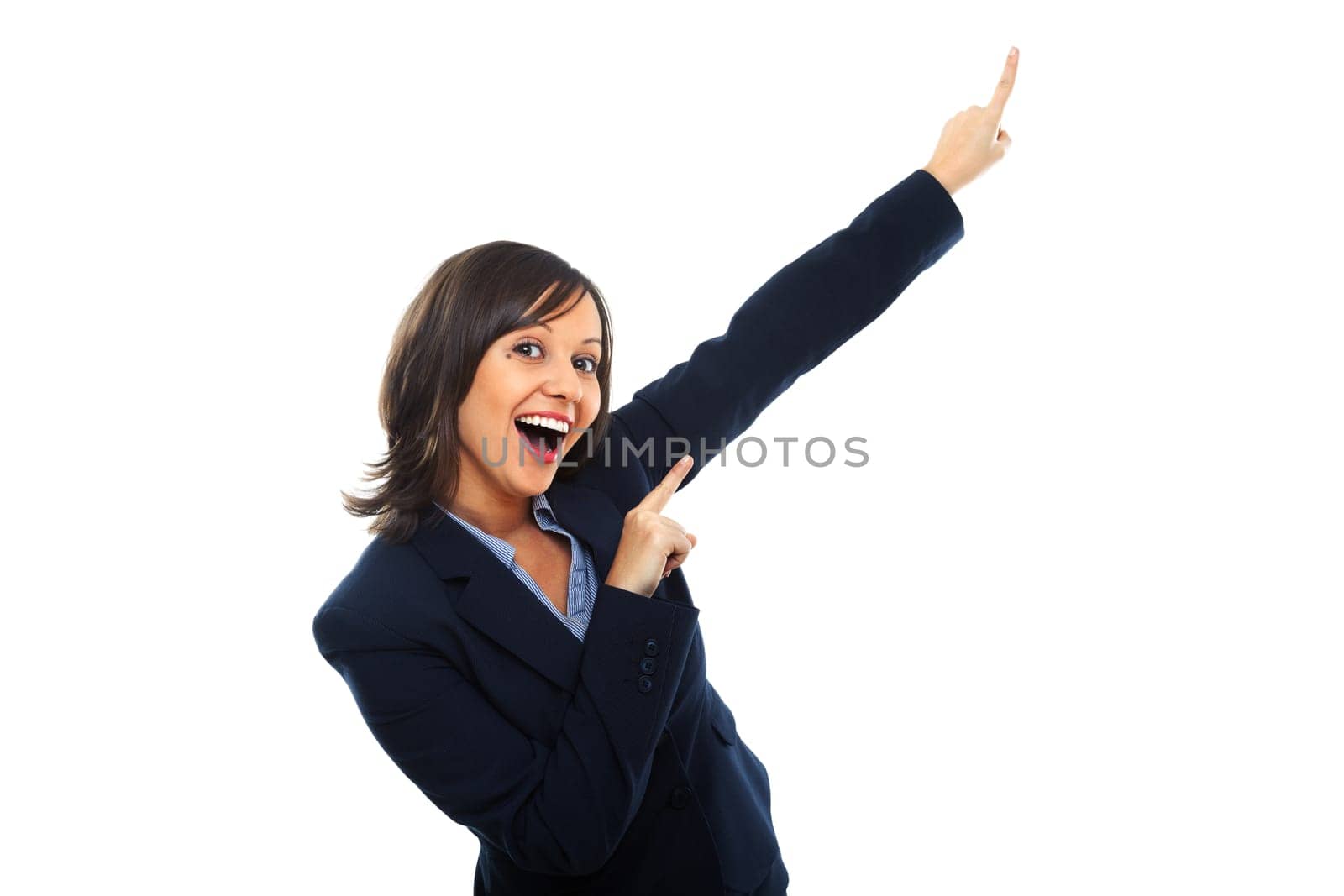 Businesswoman pointing with a finger isolated on white background