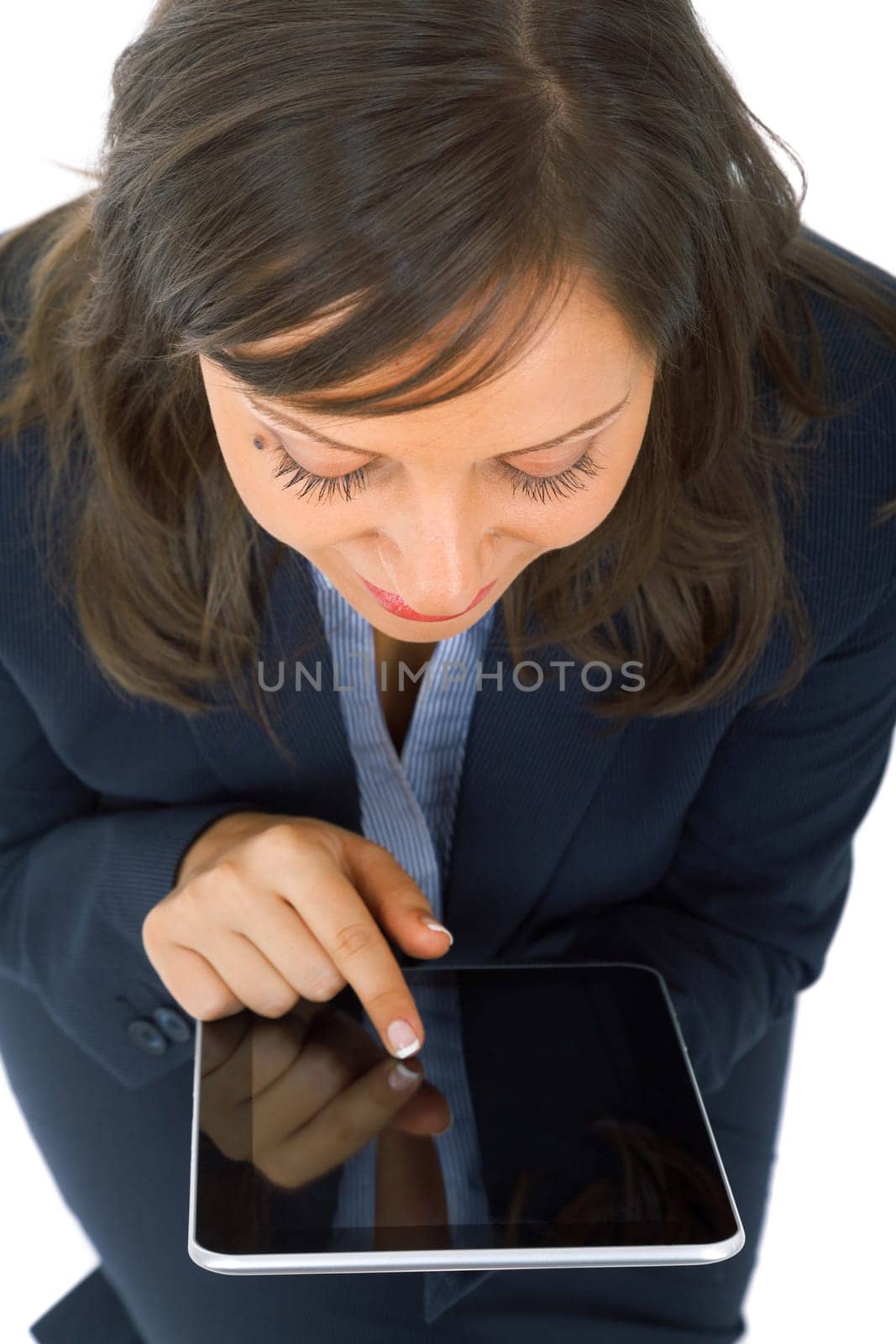 Businesswoman with tablet isolated on white background