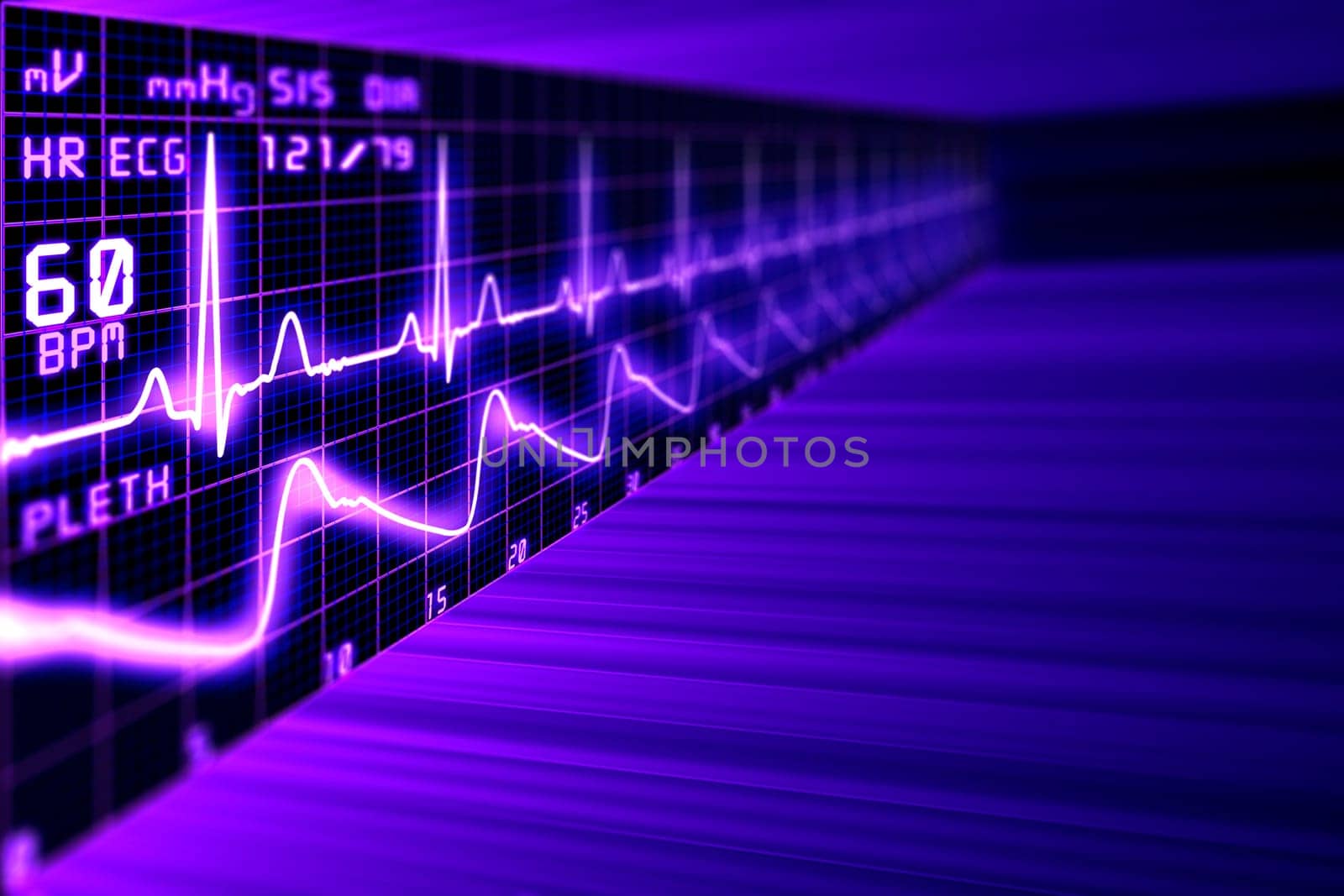Heart rate with ECG graph on the futuristic medical monitor in the cyberspace. 3D background