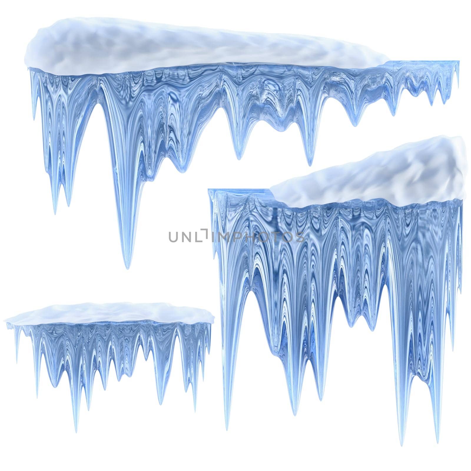 set of hanging thawing and melting blue dripping icicles, as a shiny crystal glass, with crisp spikes in icy winter season time from freezer make around arctic frost with icing on the scene