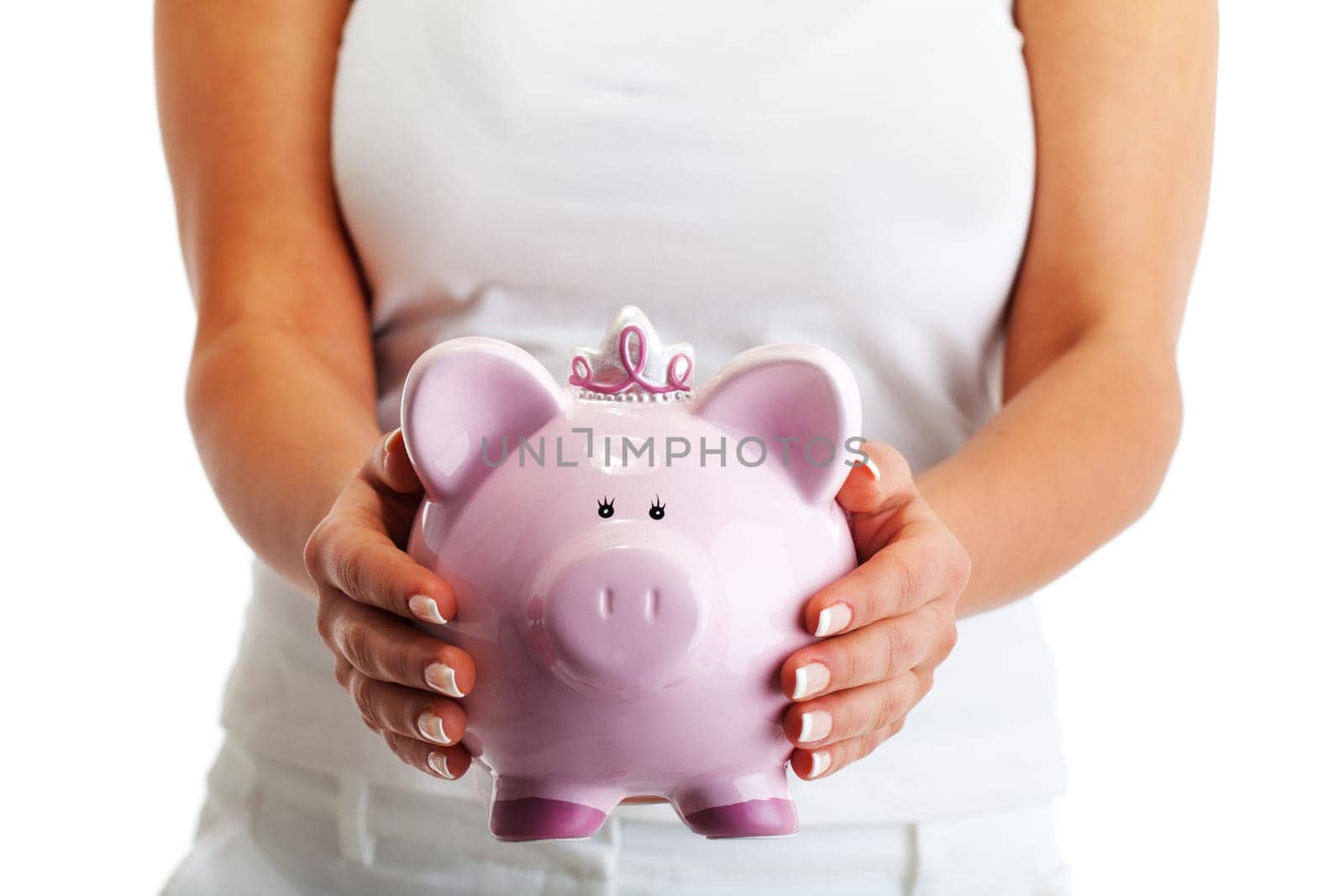 Young woman holding pink pig money-box - Piggy Bank