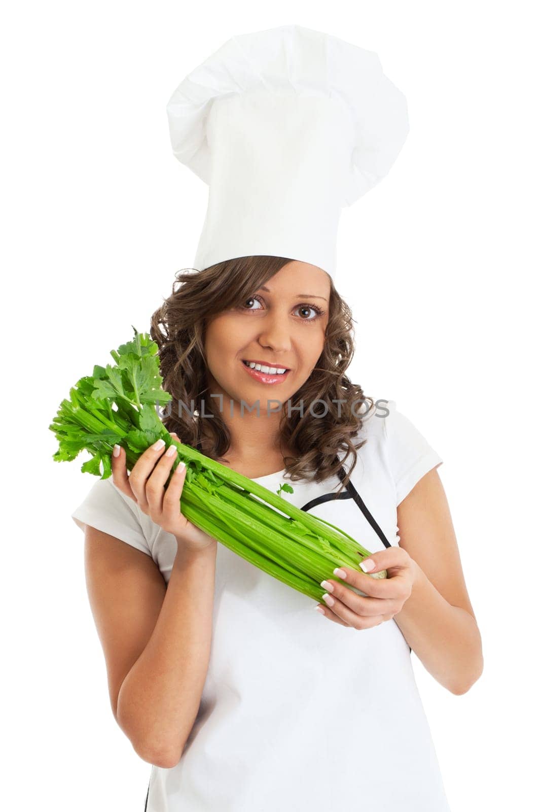Chef woman holding celery isolated on white