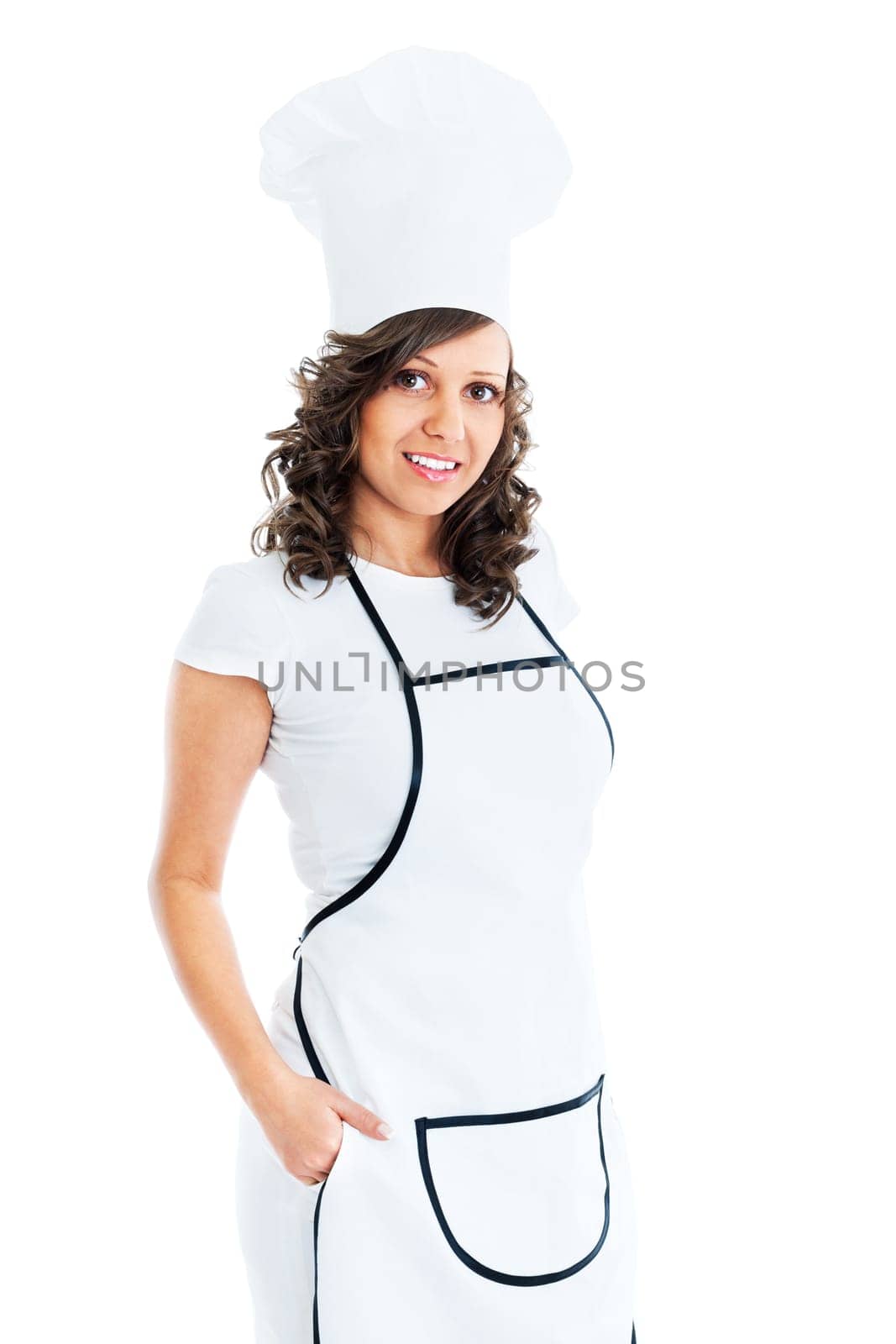 Young chef woman looking at camera, isolated on white