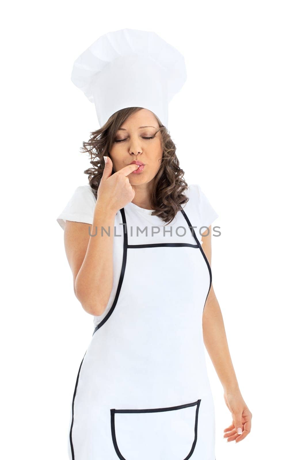 Young chef woman holding chocolate cake, isolated on white