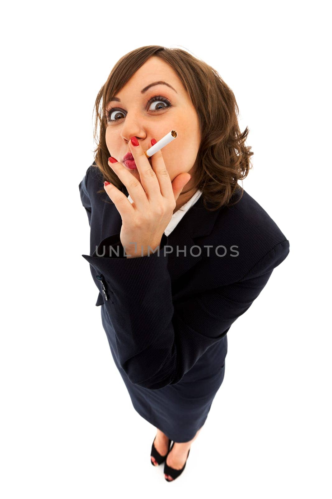 Businesswoman with a cigarette isolated on white background shot with wide angle lenses