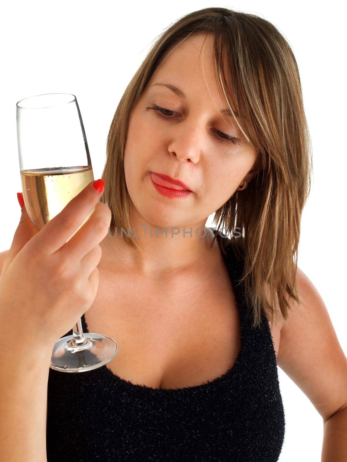 Attractive girl with champagne, on white, close up