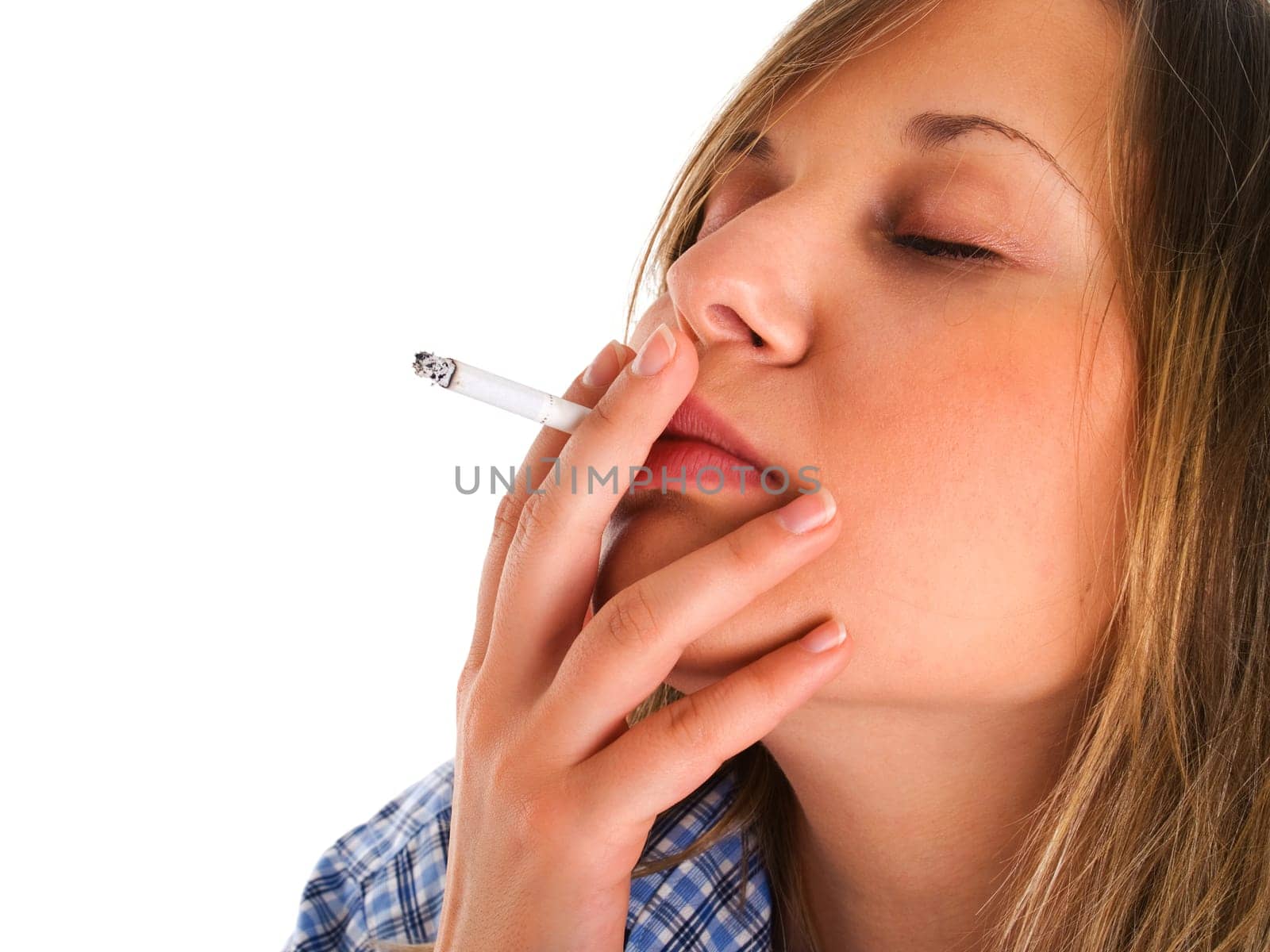 Woman smoking cigarette isolated on white background
