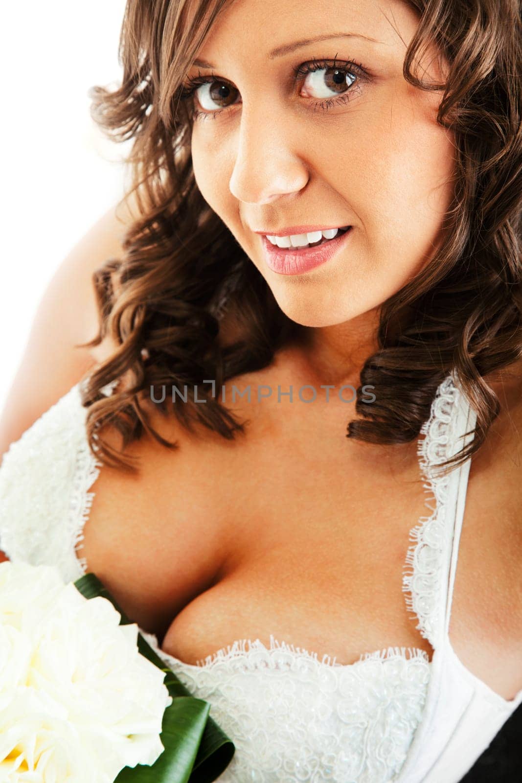 Young bride with wedding bouquet isolated on white background