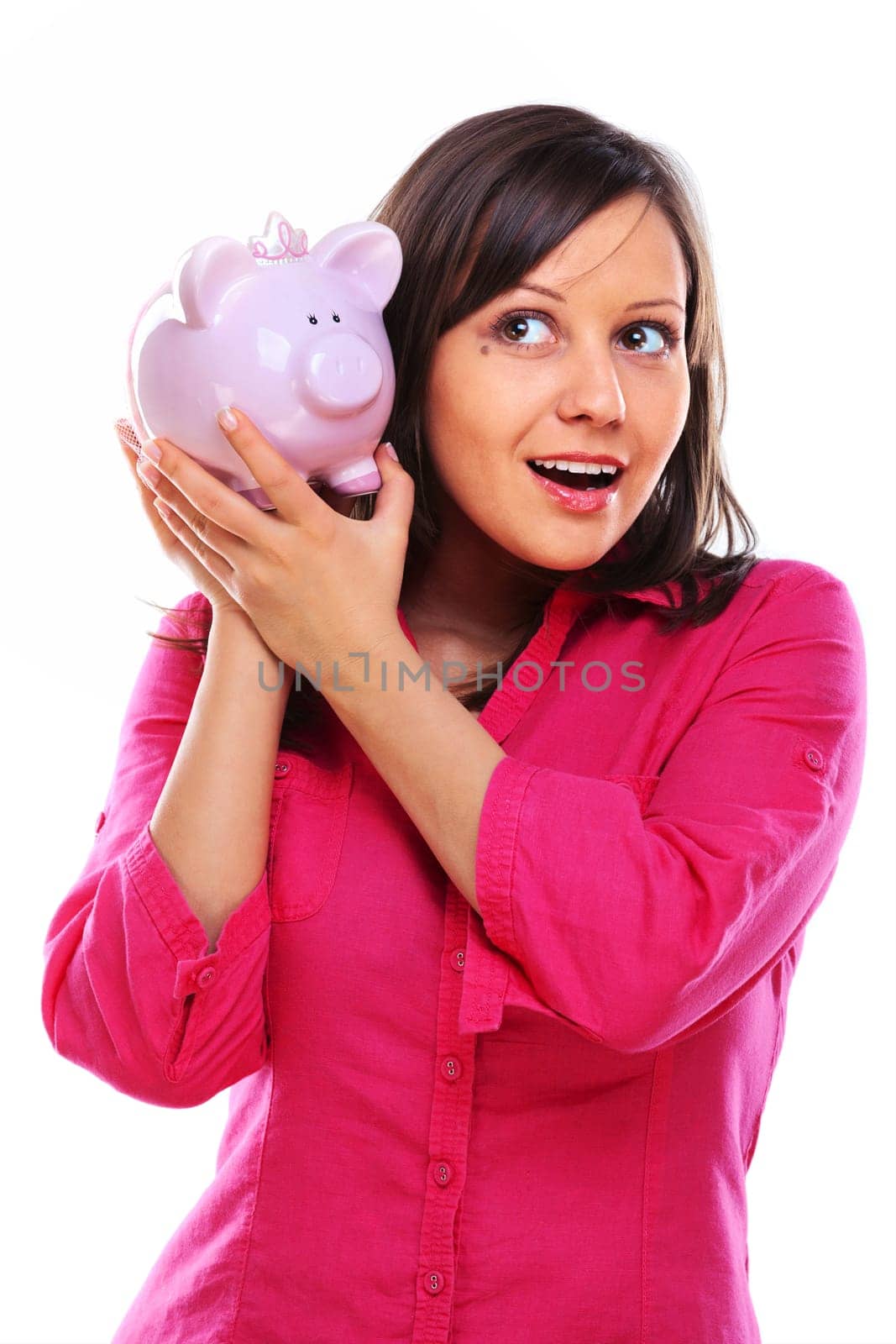 Young woman holding pink pig money-box - Piggy Bank