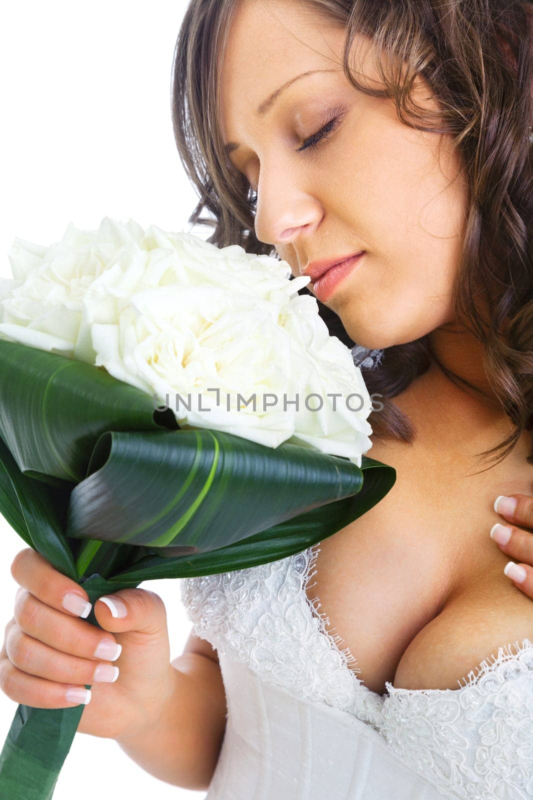Young bride with wedding bouquet isolated on white background