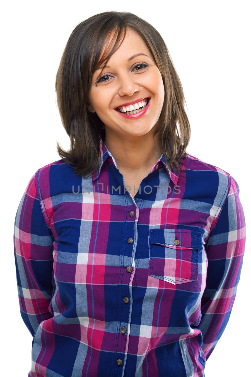 Young woman looking away isolated on white background, close up