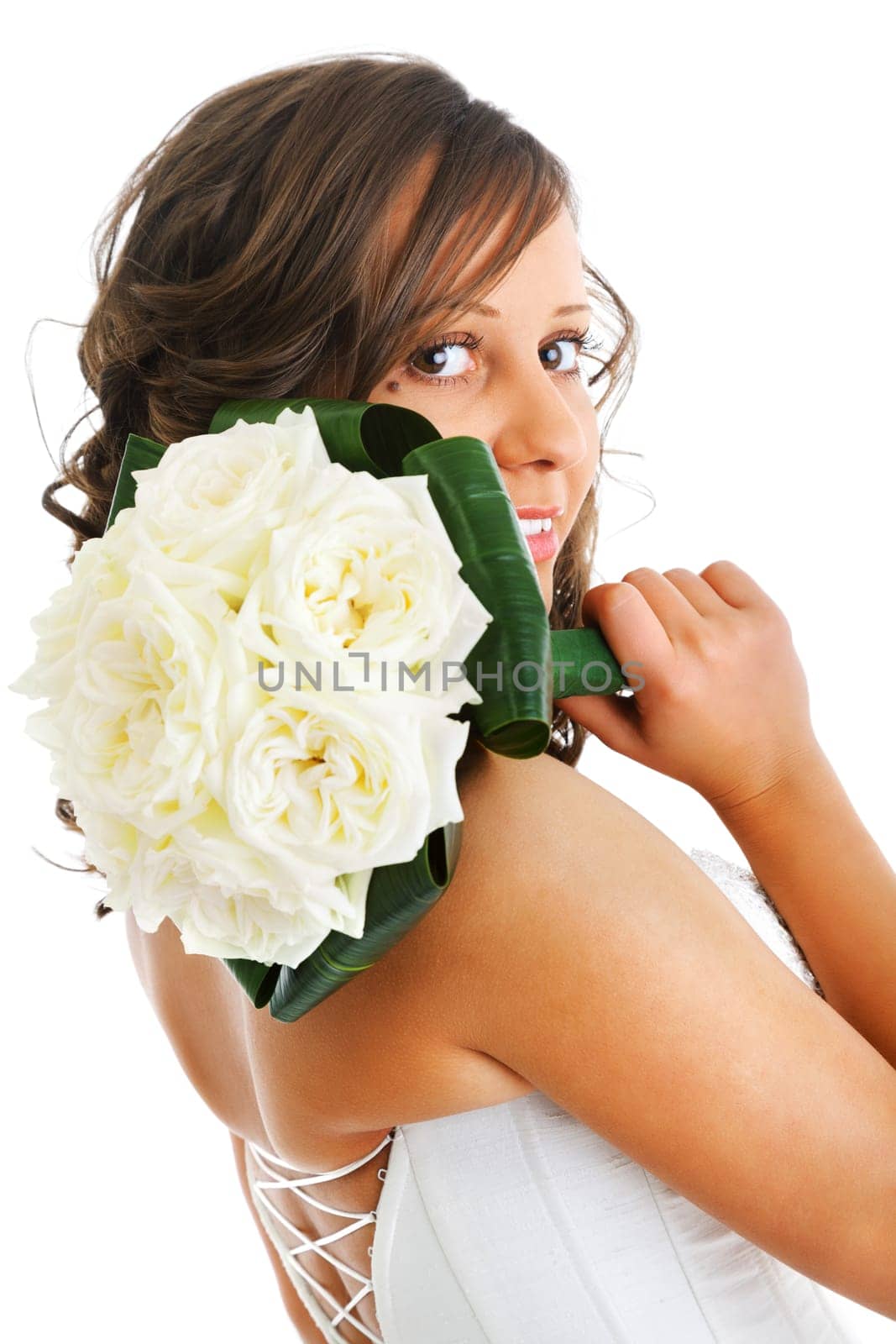Young bride with wedding bouquet isolated on white background