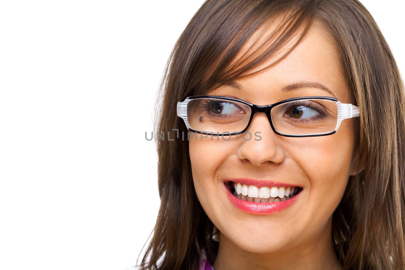 Young woman looking away isolated on white background, close up