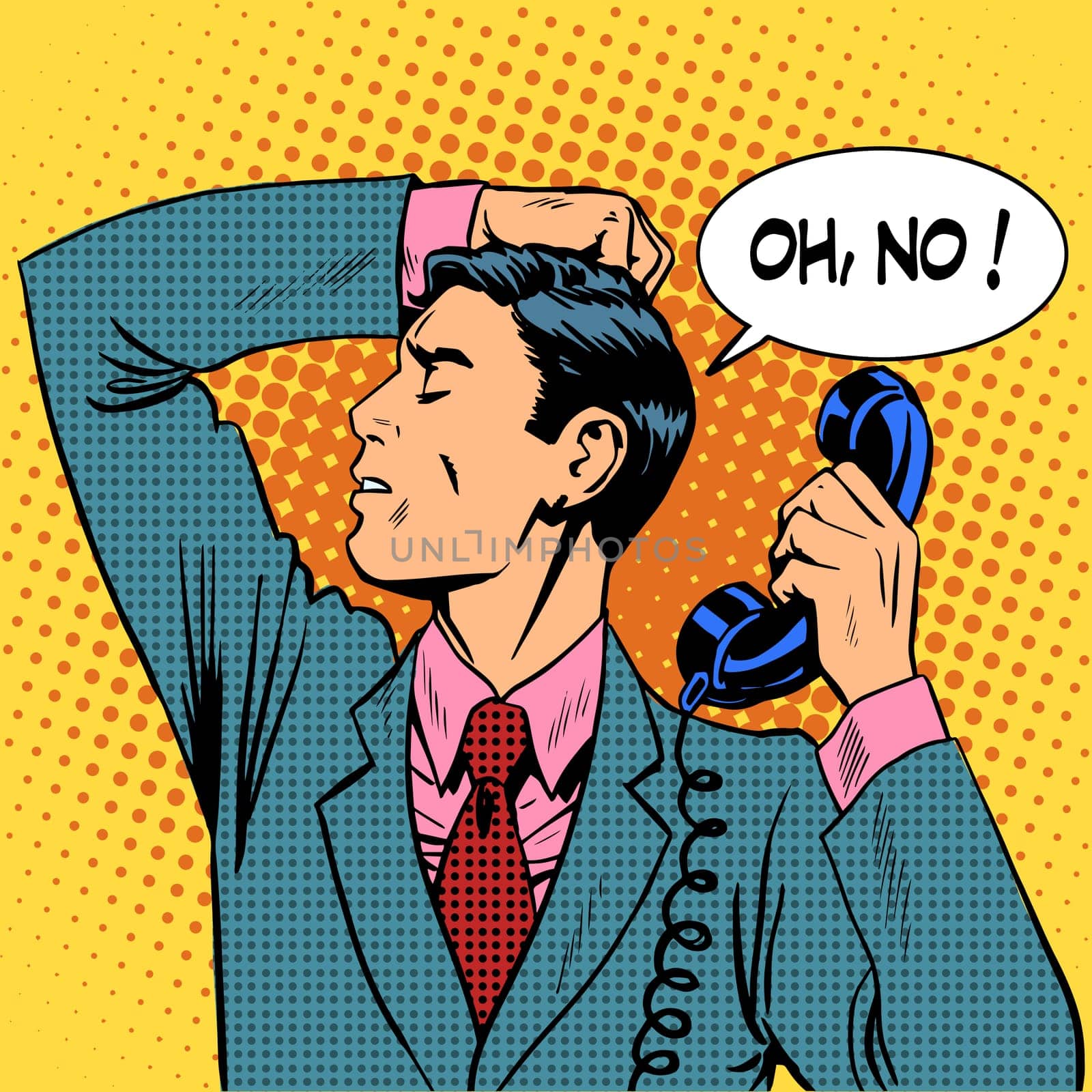 The depressed man talking on phone communication. Retro style pop art