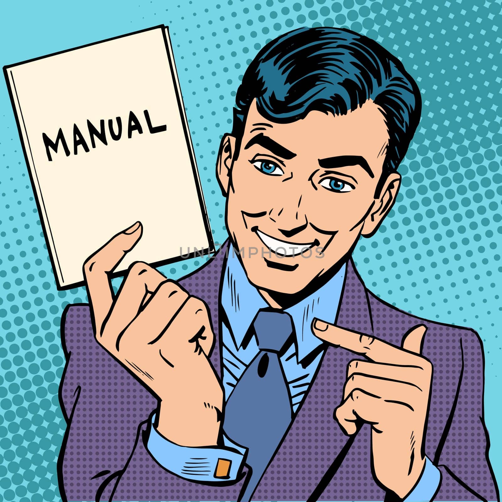 The man is a businessman with a manual in hand. Retro style pop art