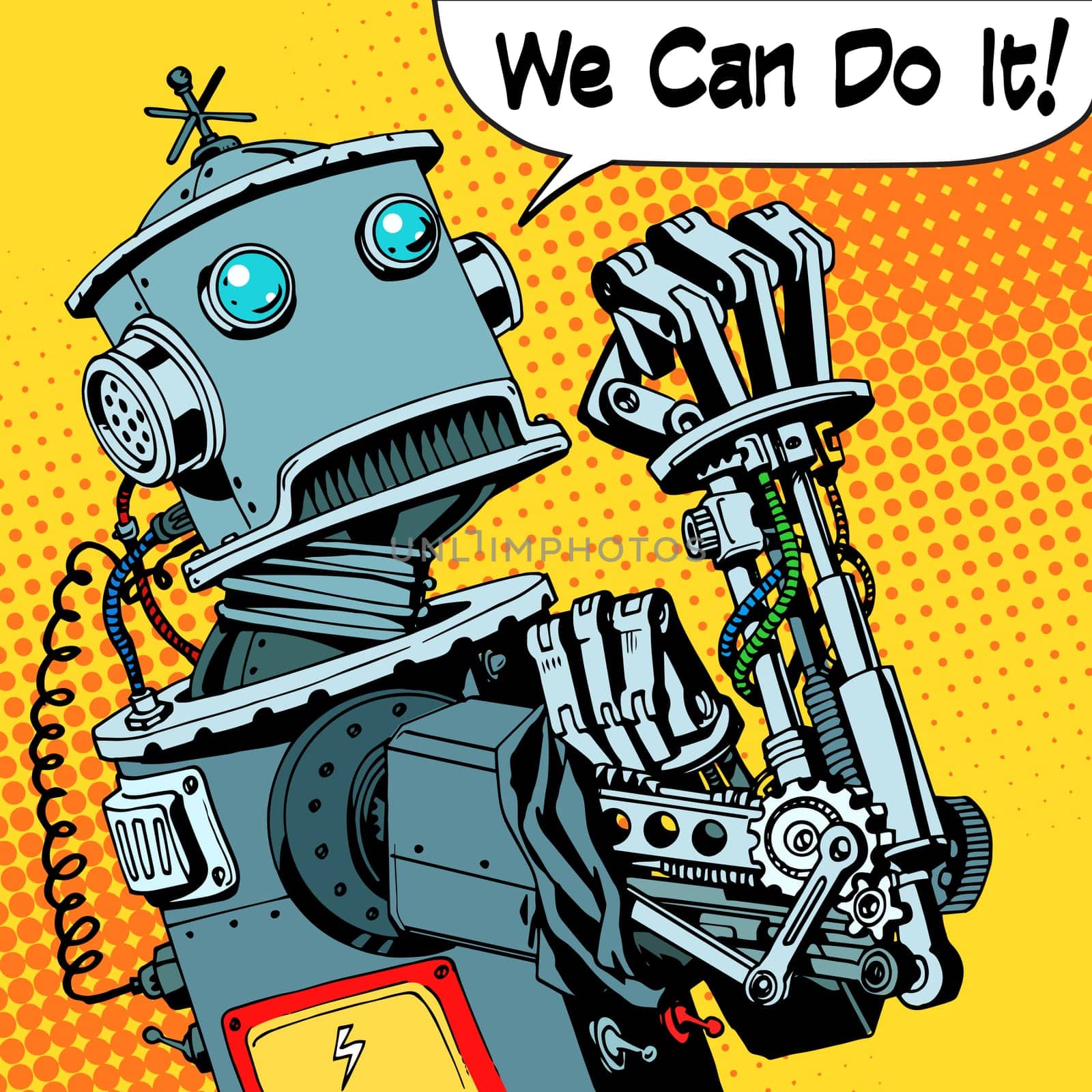 The robot we can do it the protest power of the machine future. Technology robotics retro style pop art