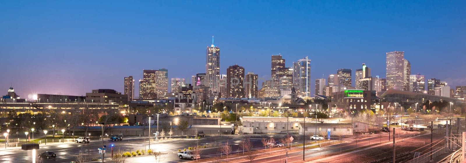 The buildings and architecture of Denver Colorado at dusk