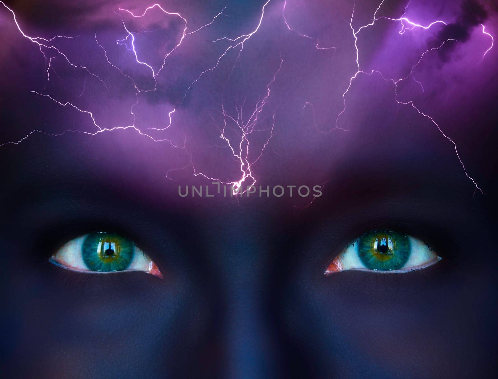 Brainstorm conceptualisation, literal storm and lightnings on dark makeuped female forehead, bright eyes looking foreward, business ideas