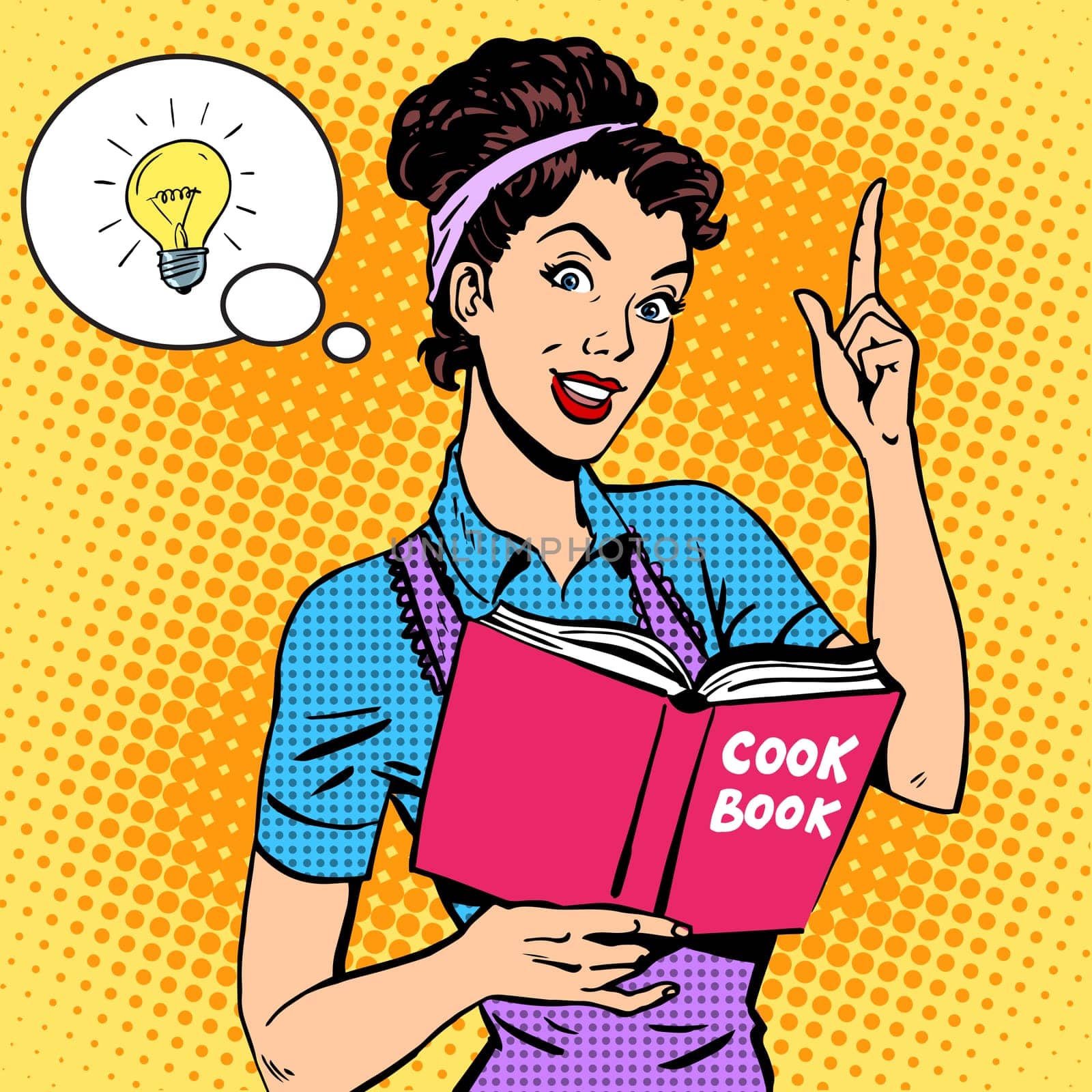 Ideas cookbook housewife recipe. Food cooking tutorial woman pop art retro style