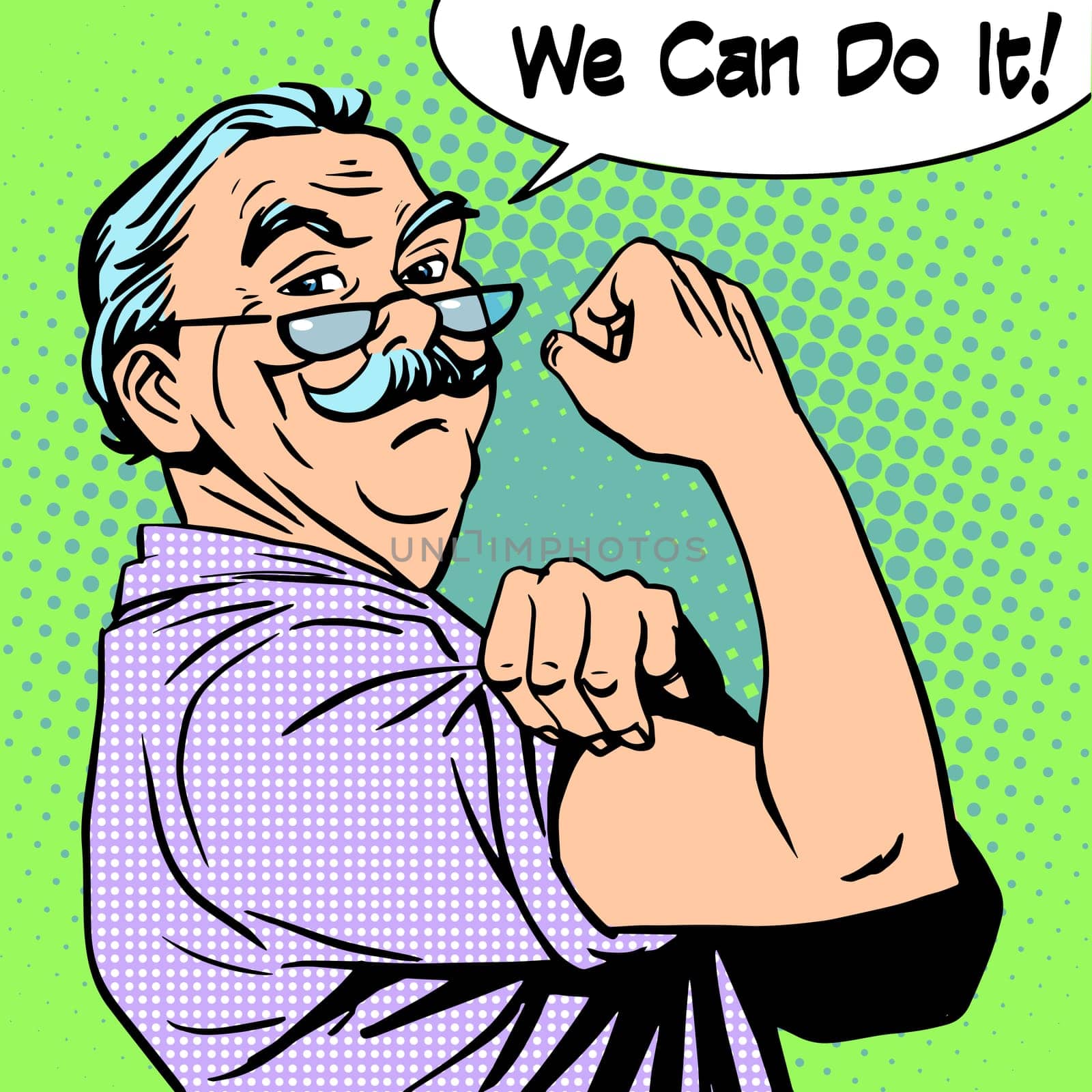 Grandpa the old man gesture strength we can do it. Power protest retro style pop art