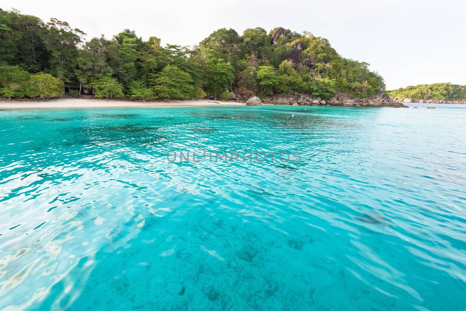 Beautiful green blue sea front small beach at Honeymoon Bay is a famous attractions for diving on Ko Miang island in Mu Koh Similan National Park, Phang Nga Province, Thailand